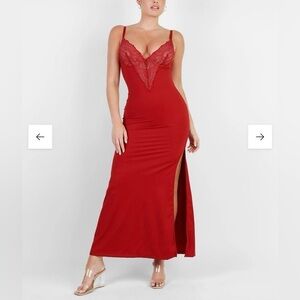 Lace-Trim Red Maxi Dress with Thigh Slit